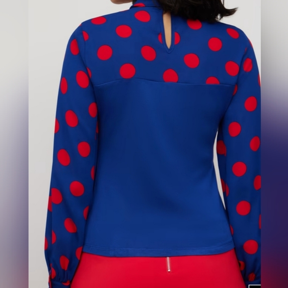 New York and Company Polka-Dot Bow-Front Mixed Media Top NWT - Picture 2 of 4